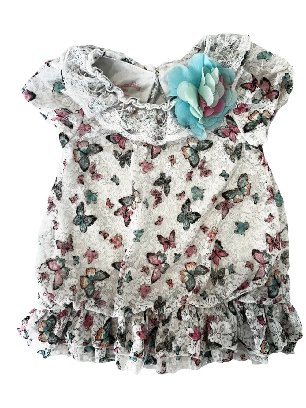 Nanette Baby White Lace Dress with Pink Logo and Teal Flower